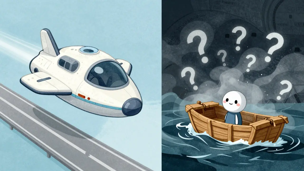 A small raft navigates rough waters while large ships sail smoothly on a clear highway.