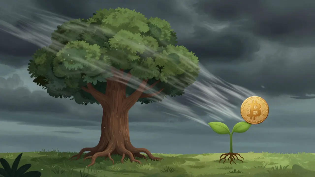 A strong tree standing firm in a storm next to a swaying sapling, illustrating market stability.