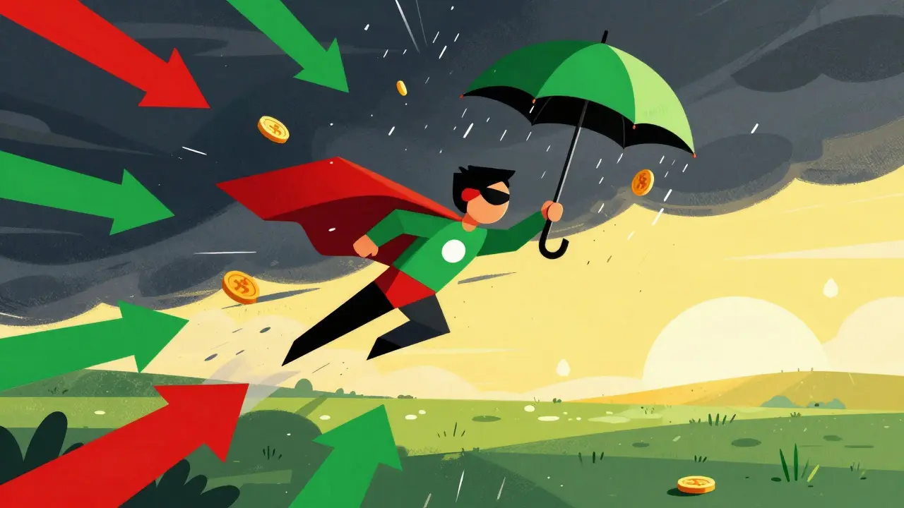 A superhero blocking market chaos with an umbrella in a colorful illustration