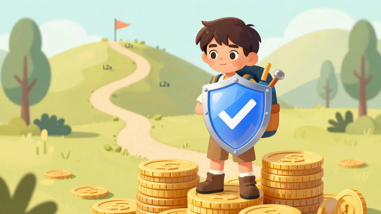 A young explorer with a shield and backpack standing on a stack of coins, ready to trade across networks.