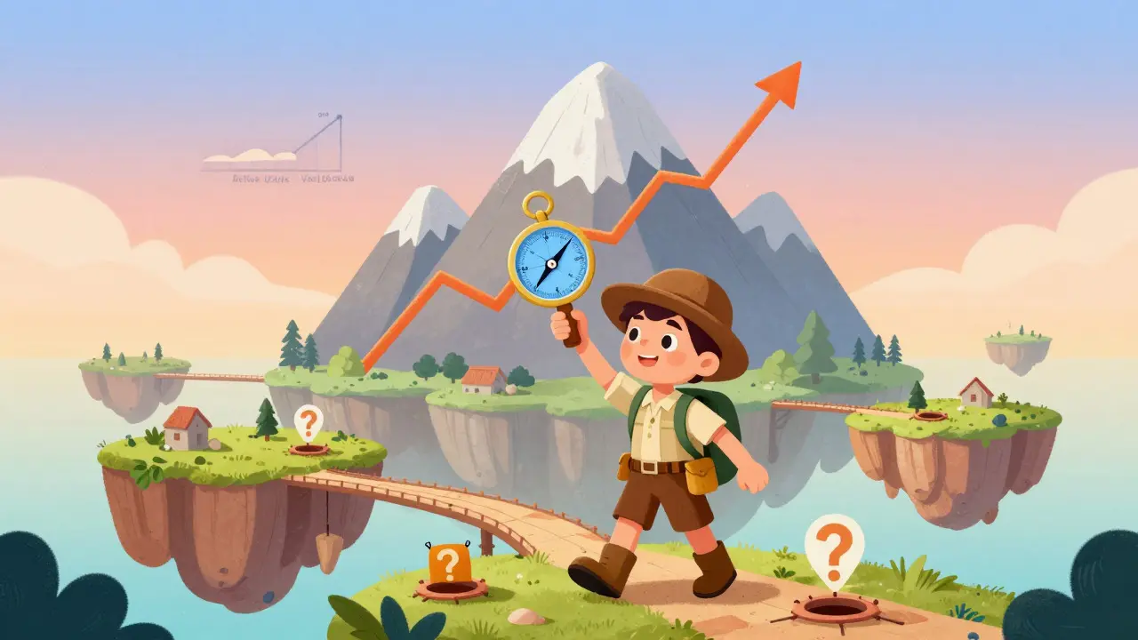 An explorer using a compass to navigate a landscape of metric islands