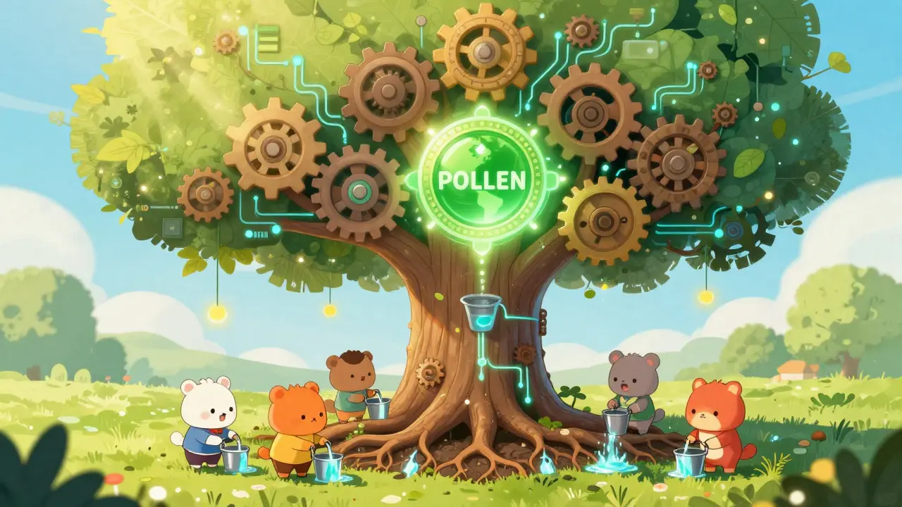 Animals watering a tech-tree with POLLEN token glowing at the center.