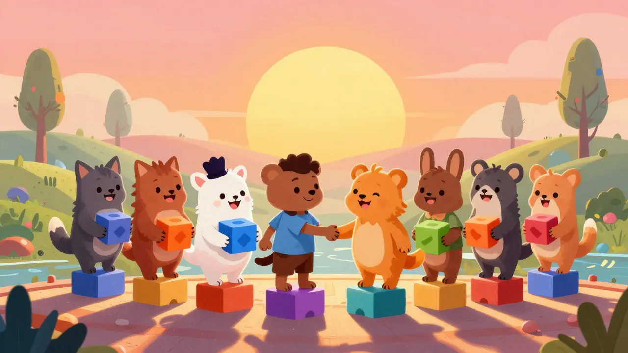 Cartoon animals shaking hands on a bridge connecting colorful blocks