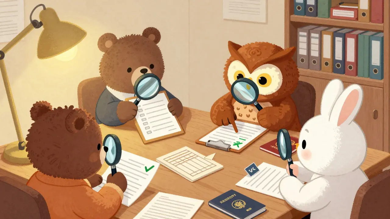 Cartoon animals verifying IDs and documents at an office table