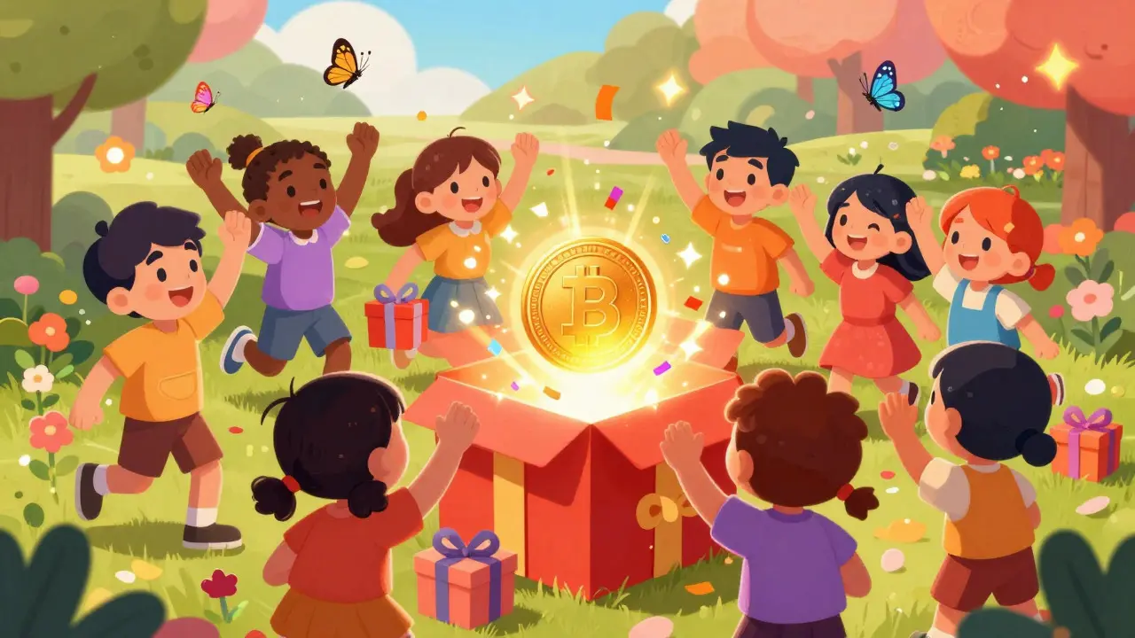 Cartoon characters celebrating and receiving glowing coins from a magical gift box in a sunny park.