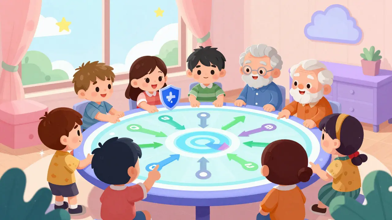 Cartoon characters collaborating around a magical table illustrating copy trading