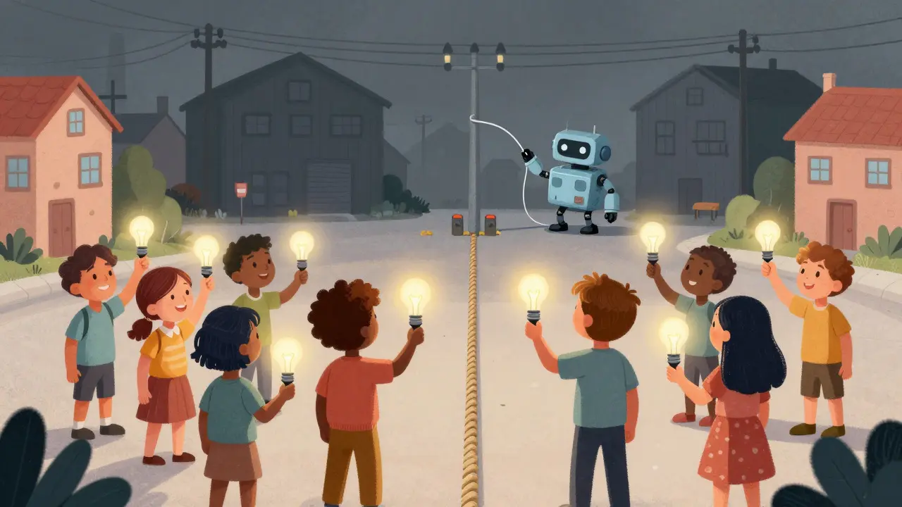 Cartoon scene of citizens reporting a sneaky robot illegally tapping a power line