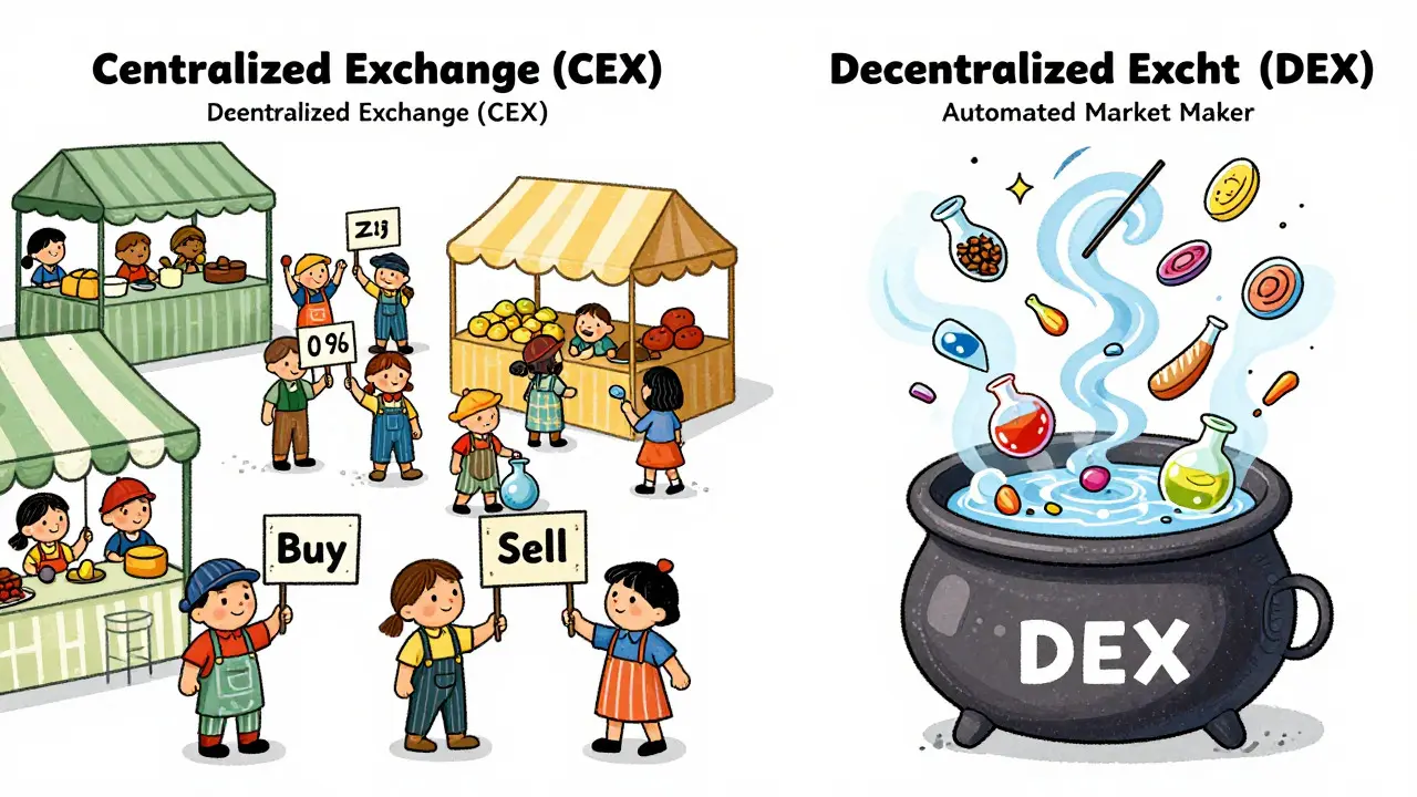Cartoon showing organized merchants versus a magic cauldron, representing CEX vs DEX markets.