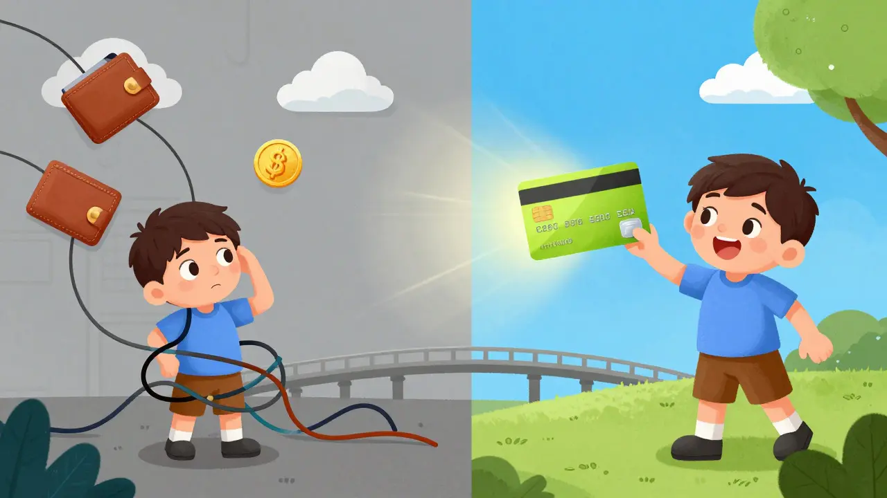 Character moving from tech confusion to easy token purchase via credit card