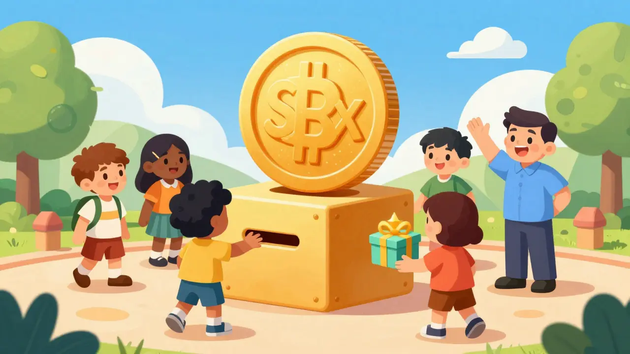 Characters exchanging a golden coin for rewards in a community square cartoon