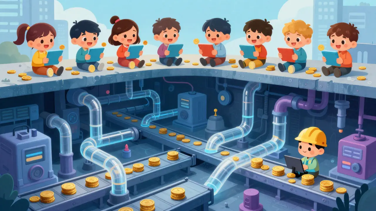 Cross-section view of an underground coin transport system beneath users