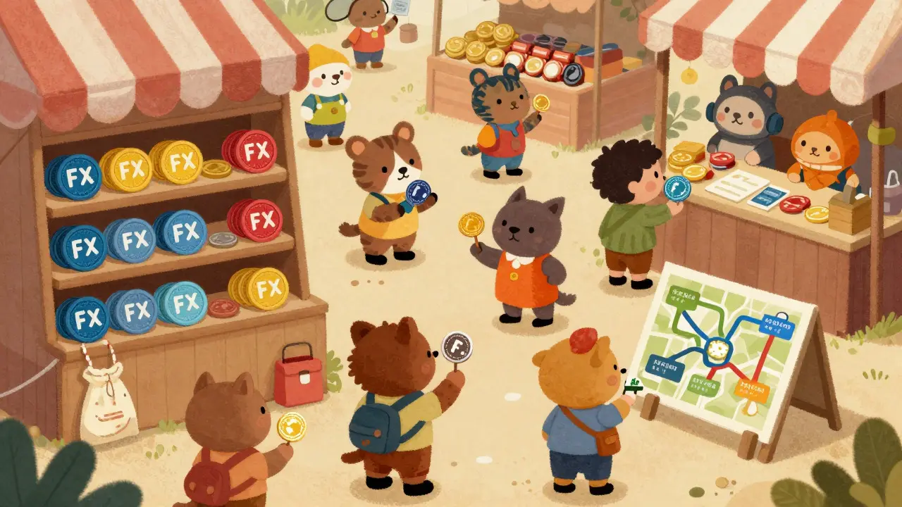 Cute animals trading coins in a busy marketplace with varying token sizes