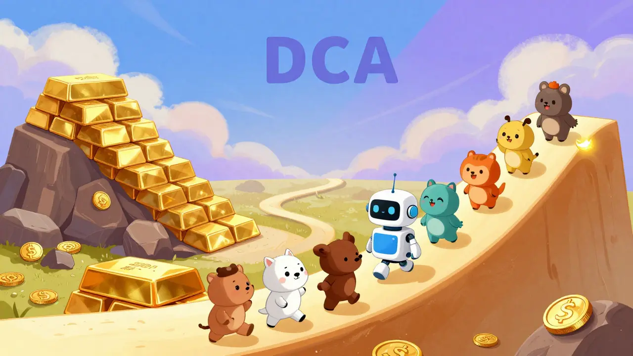 Cute animals walking a smooth path guided by a robot, avoiding rocky terrain