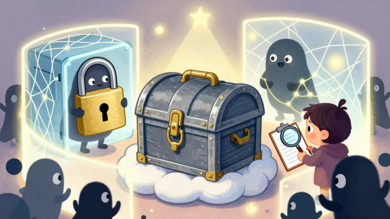 Cute illustration of security shields protecting a crypto treasure chest