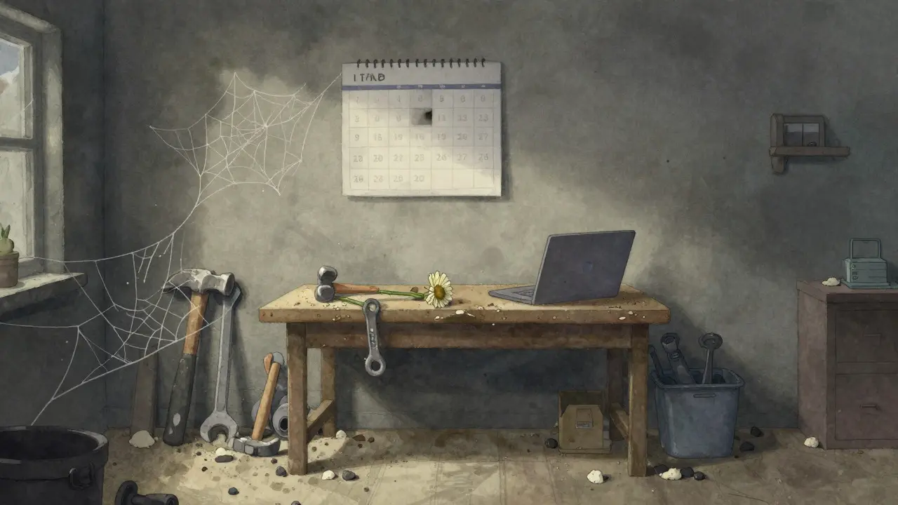 Dusty empty workshop with cobwebs symbolizing lack of developer activity