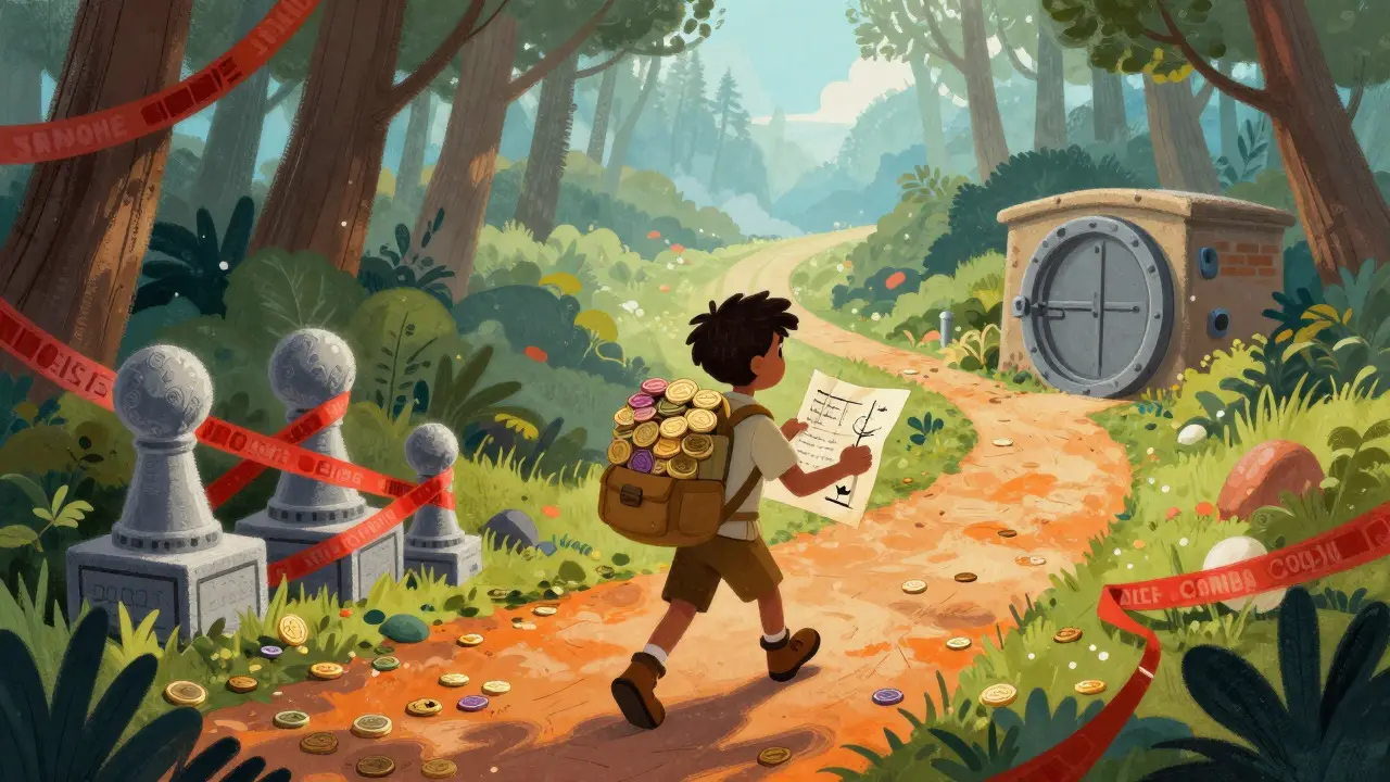 Explorer navigating a path past obstacles