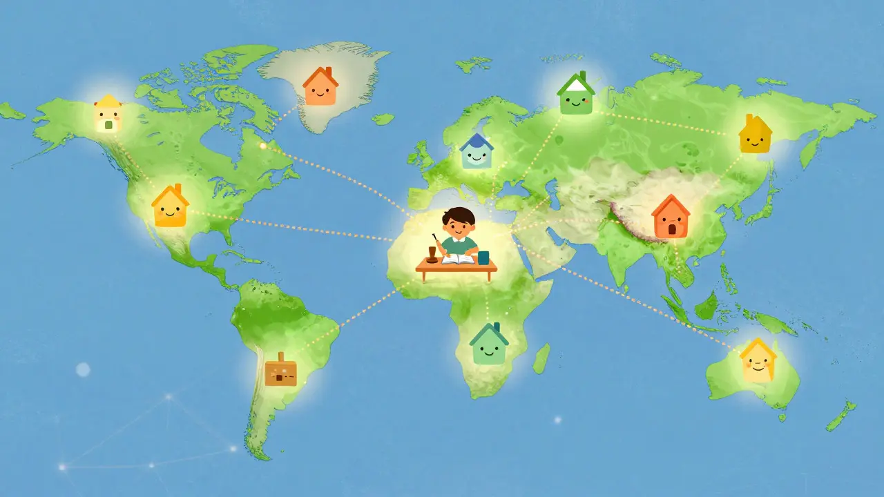 Global map showing connected storage nodes and a happy user in cartoon style