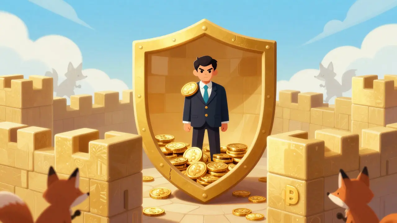 Golden fortress protecting digital coins from sneaky foxes in a cartoon