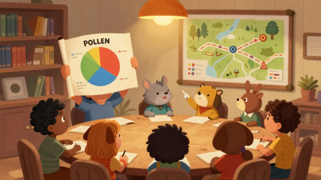 Group of animals discussing token distribution charts in a cozy room.