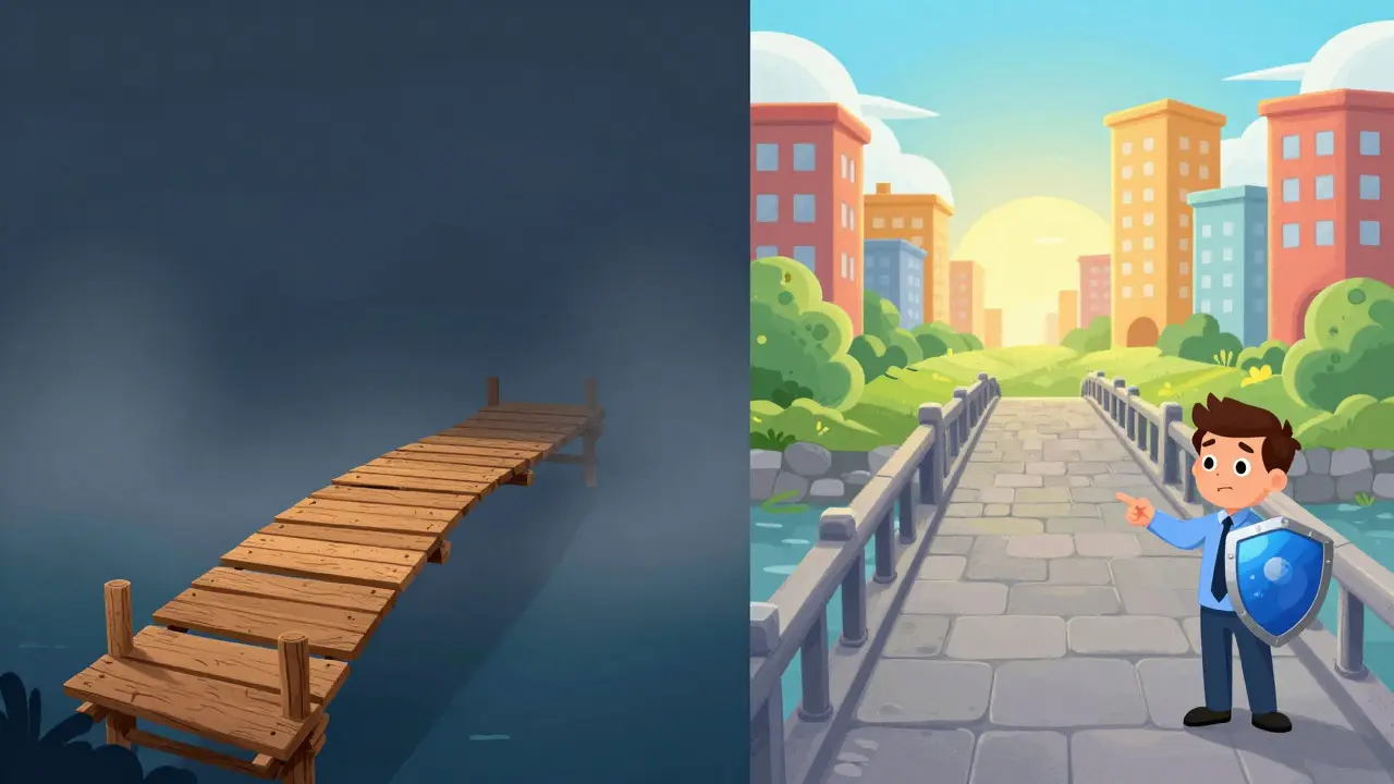 Illustration comparing a risky wobbly bridge to a safe, solid path for trading cryptocurrencies.