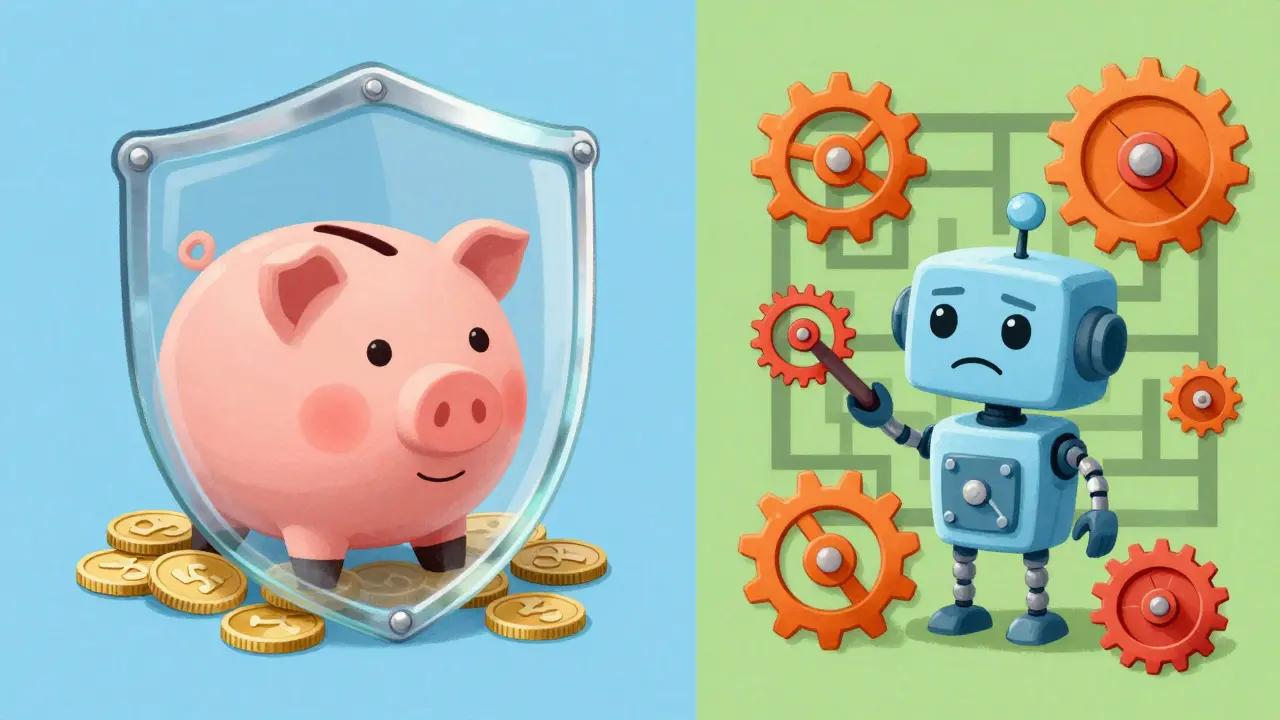Illustration comparing a secure glass piggy bank against a robot in a broken gear maze