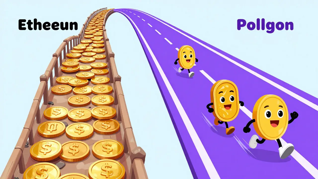 Illustration comparing slow Ethereum bridge to fast Polygon highway for tokens