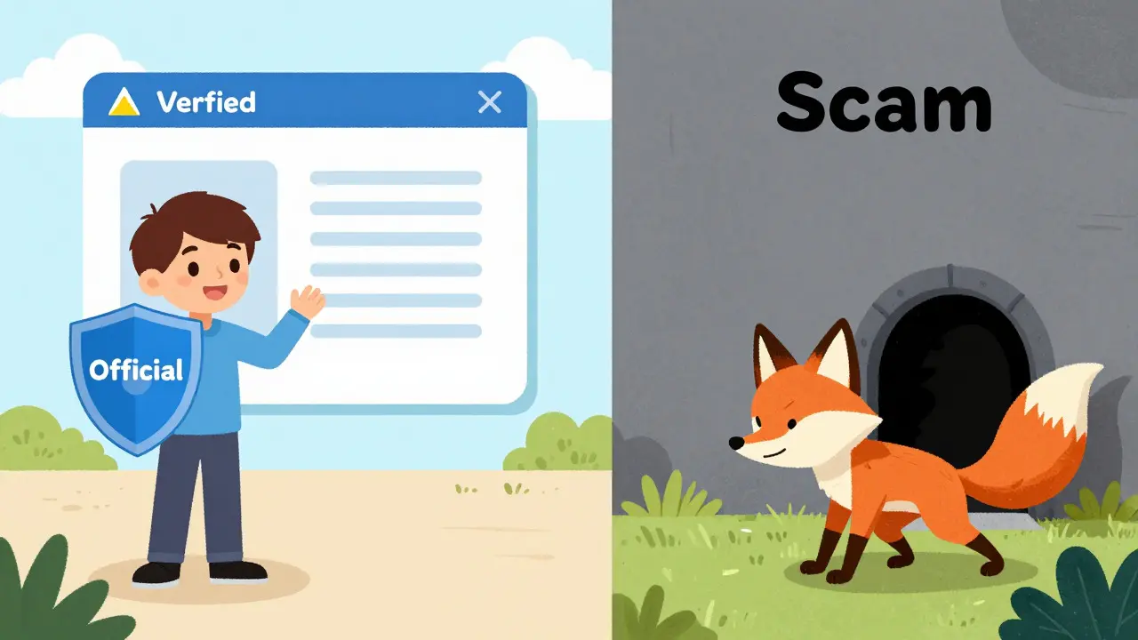 Illustration contrasting safe official crypto sites with shady scam traps for users.