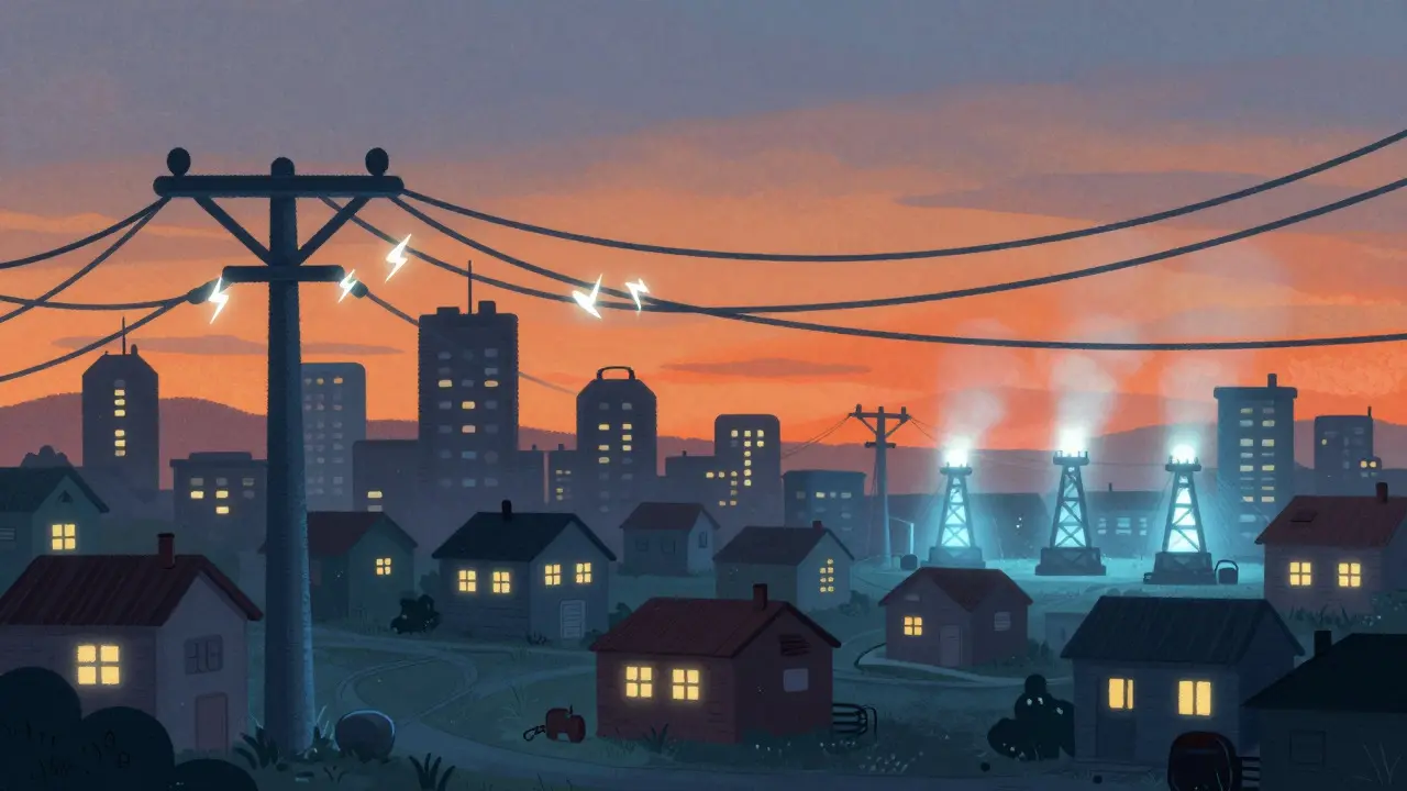 Illustration of a strained power grid with sparking cables and glowing mining rigs