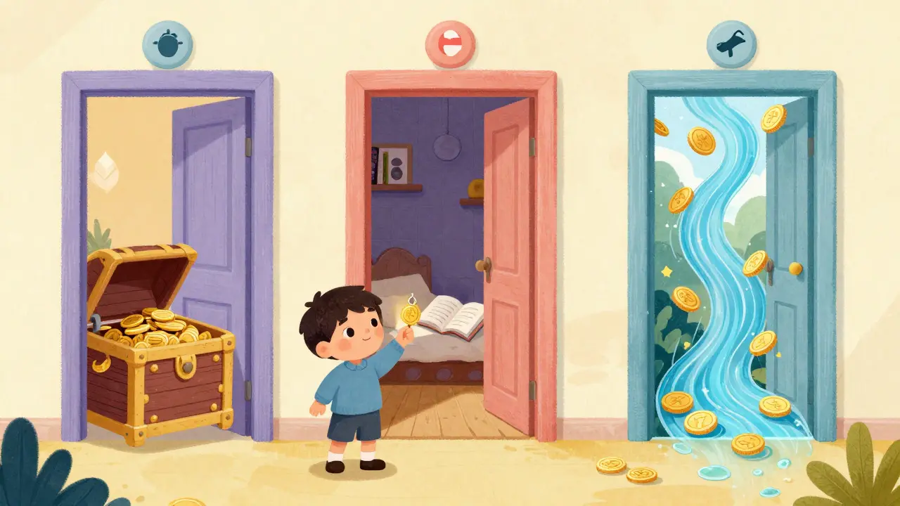 Illustration of three magical doors representing funding, access, and royalties