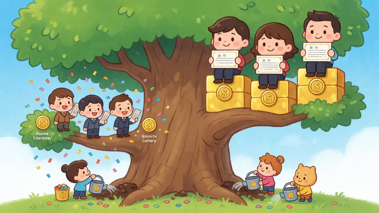 Illustration of tree branches showing lottery and guaranteed token allocations