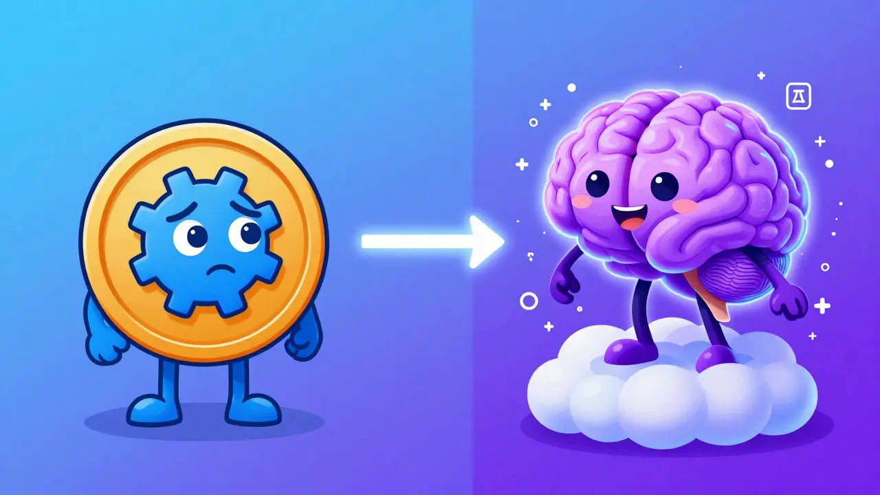 Illustration showing transition from blue coin to purple AI brain character