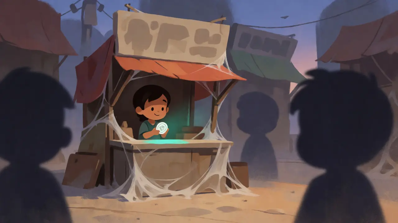 Lonely vendor selling a single token in a quiet, dusty crypto market