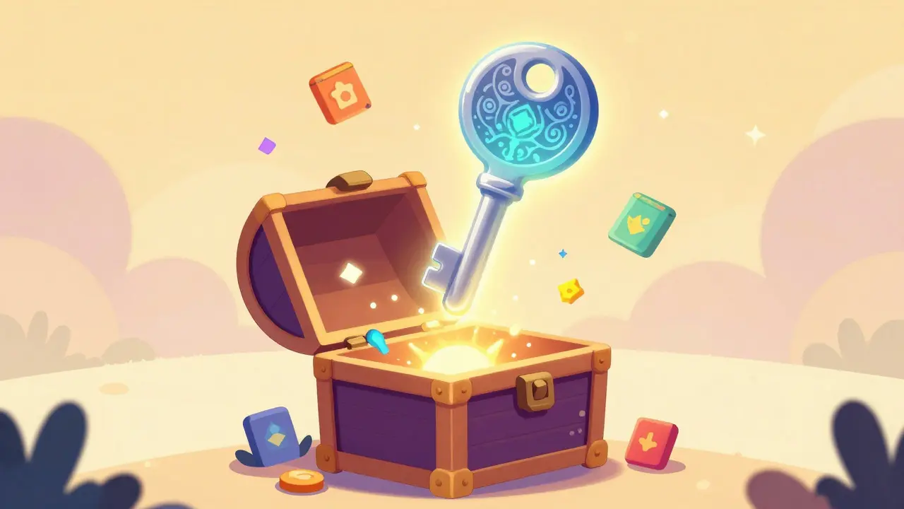Magical glowing NFT key hovering over an open treasure chest in a whimsical illustration.