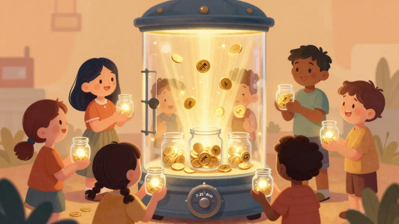 People staking tokens in a magical vault for rewards