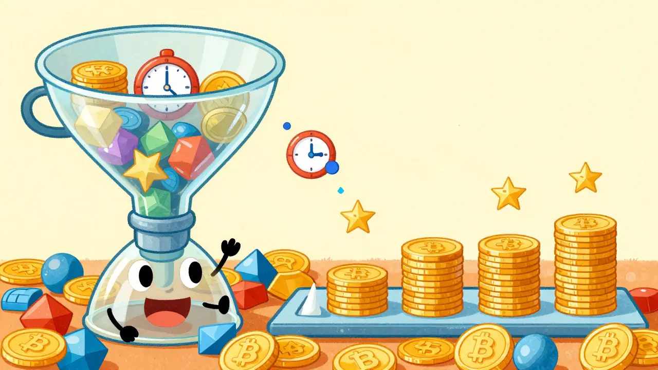 Playful depiction of a magical funnel sorting crypto assets into reward bundles