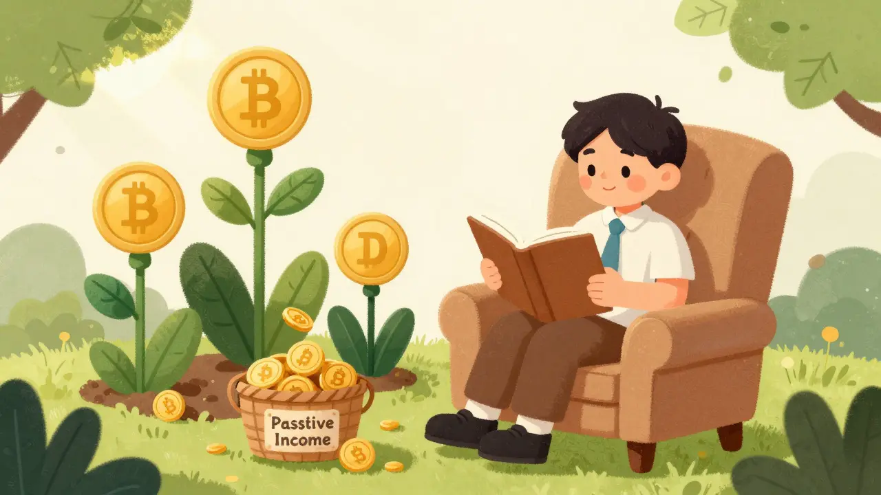 Relaxed investor watching crypto token plants grow passive income