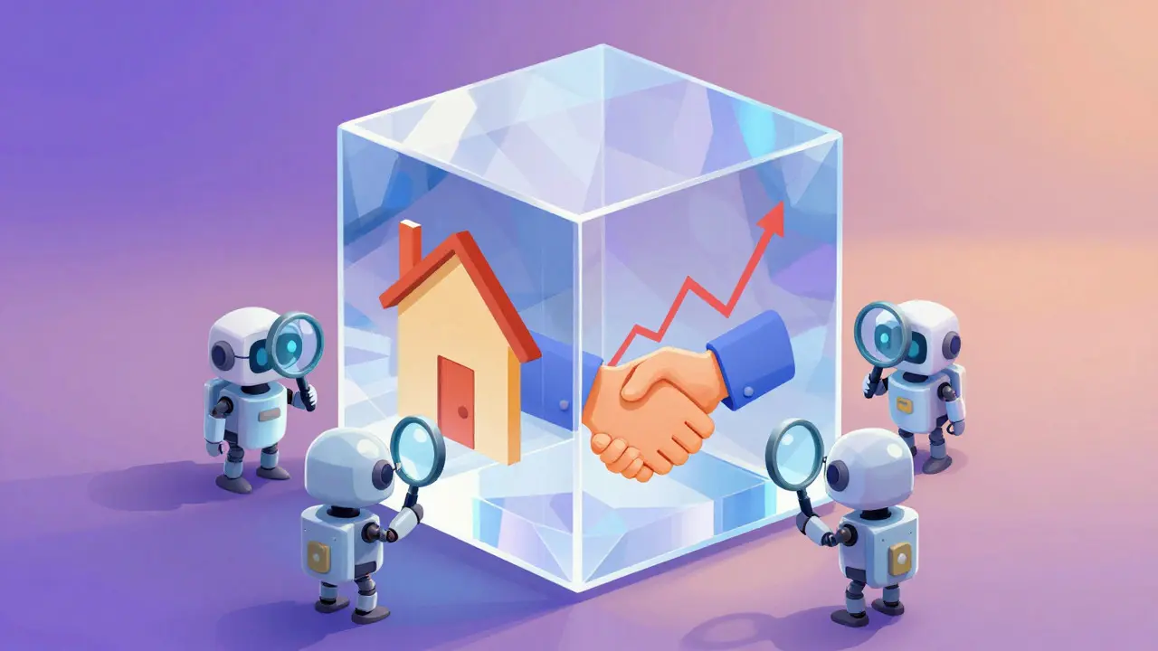 Robots inspect a crystal cube containing house and stock icons