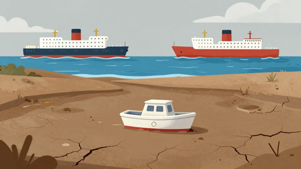 Small boat in dry pond vs large ships in ocean showing low crypto liquidity