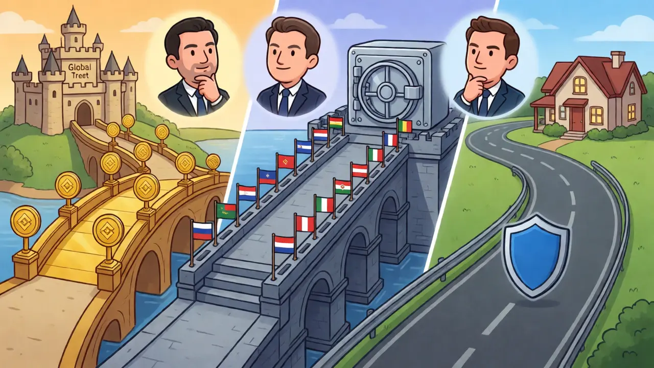 Three cartoon paths representing different crypto exchange strategies