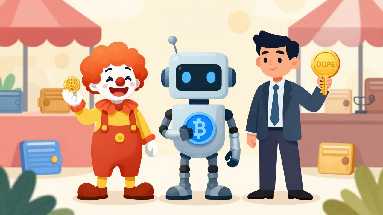 Three distinct cartoon characters representing different crypto tokens standing in a colorful market