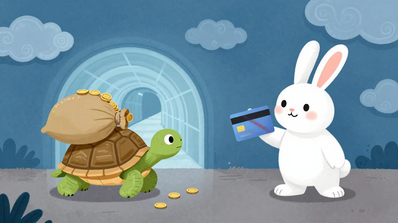 Turtle carrying coins slowly versus a faded credit card in a cartoon scene