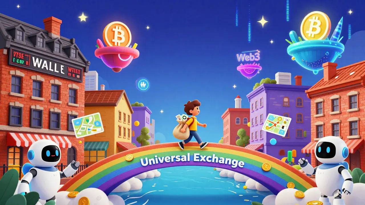 Whimsical drawing of a bridge connecting stock market and crypto world