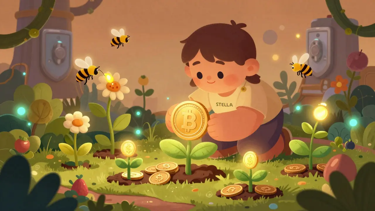 Whimsical garden scene representing yield farming and STELLA token staking