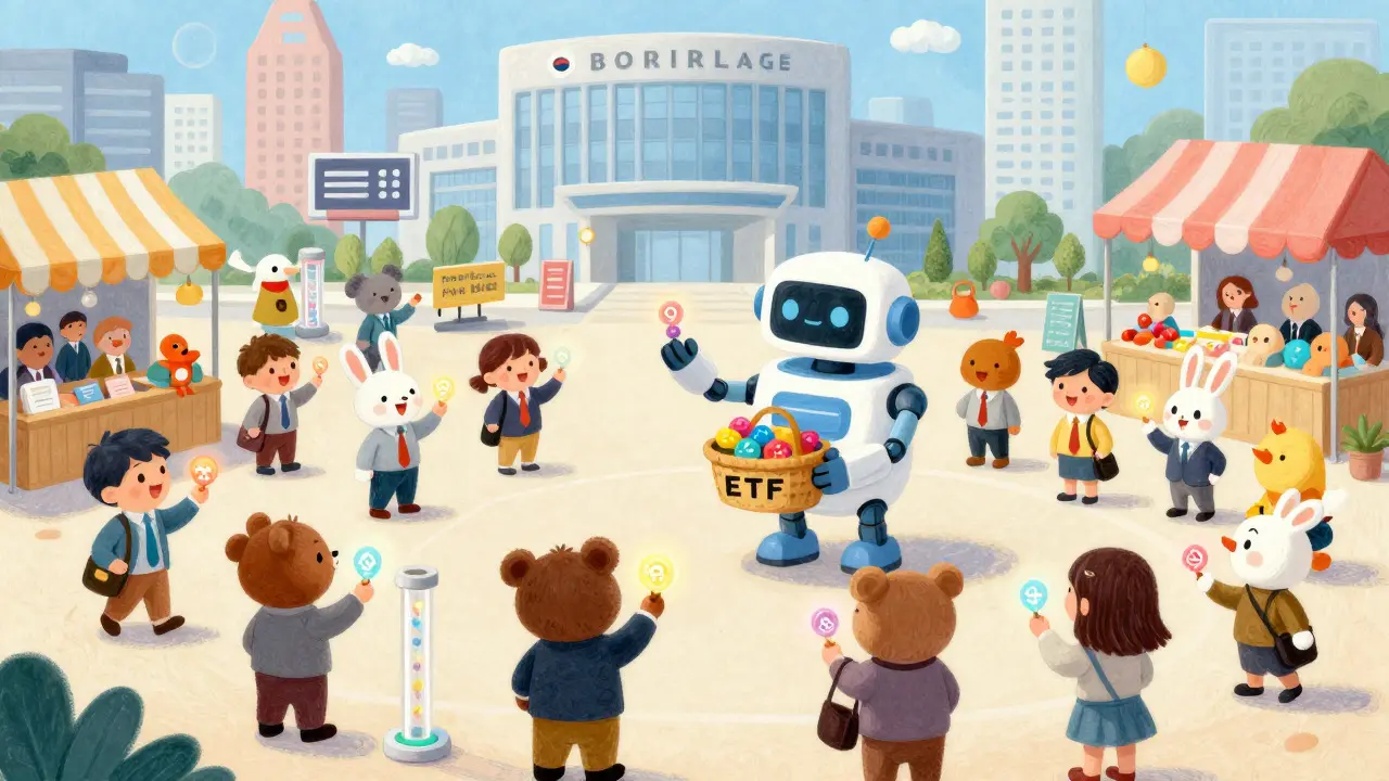 Whimsical marketplace with animals trading tokens via ETF baskets