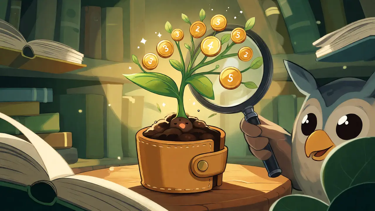 A cartoon sprout growing AVAX coins, illustrating value appreciation over time.