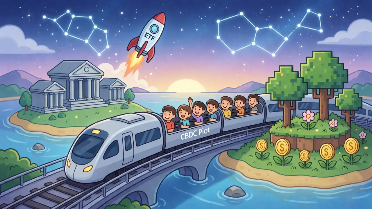 A CBDC train bridges traditional banks and crypto islands under a starry future sky.
