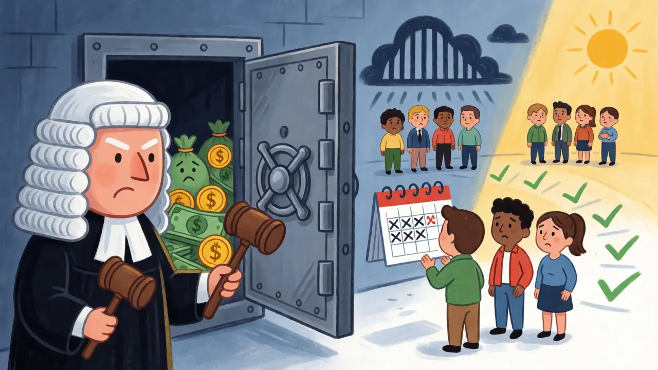 A judge locking a vault of assets while business owners face compliance deadlines.