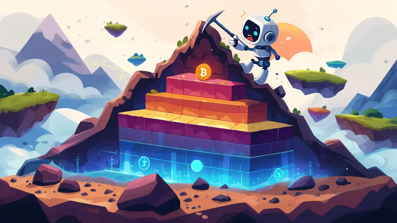 A robot struggles to chip the base of a massive layered digital mountain.