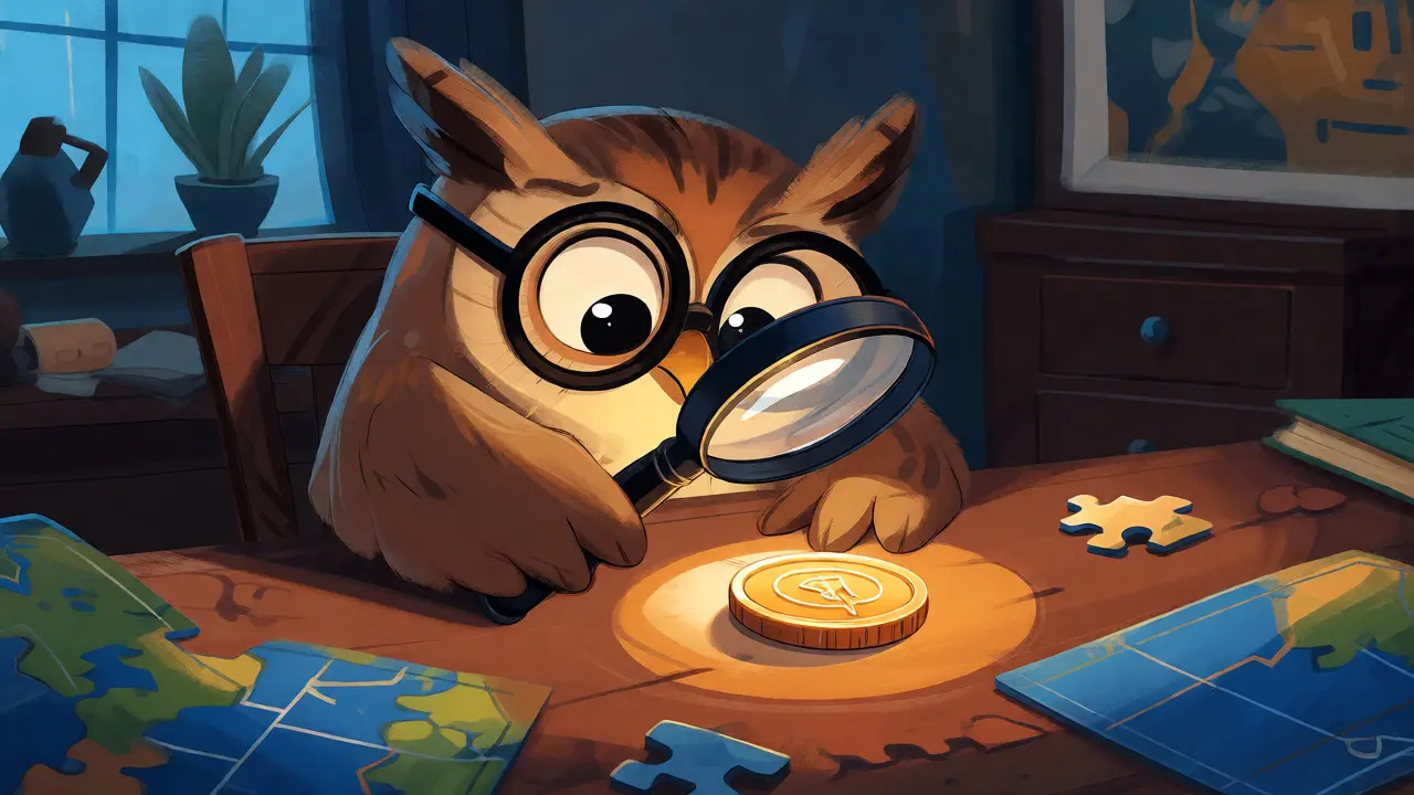 A wise cartoon owl examining a small coin with a magnifying glass in a study.