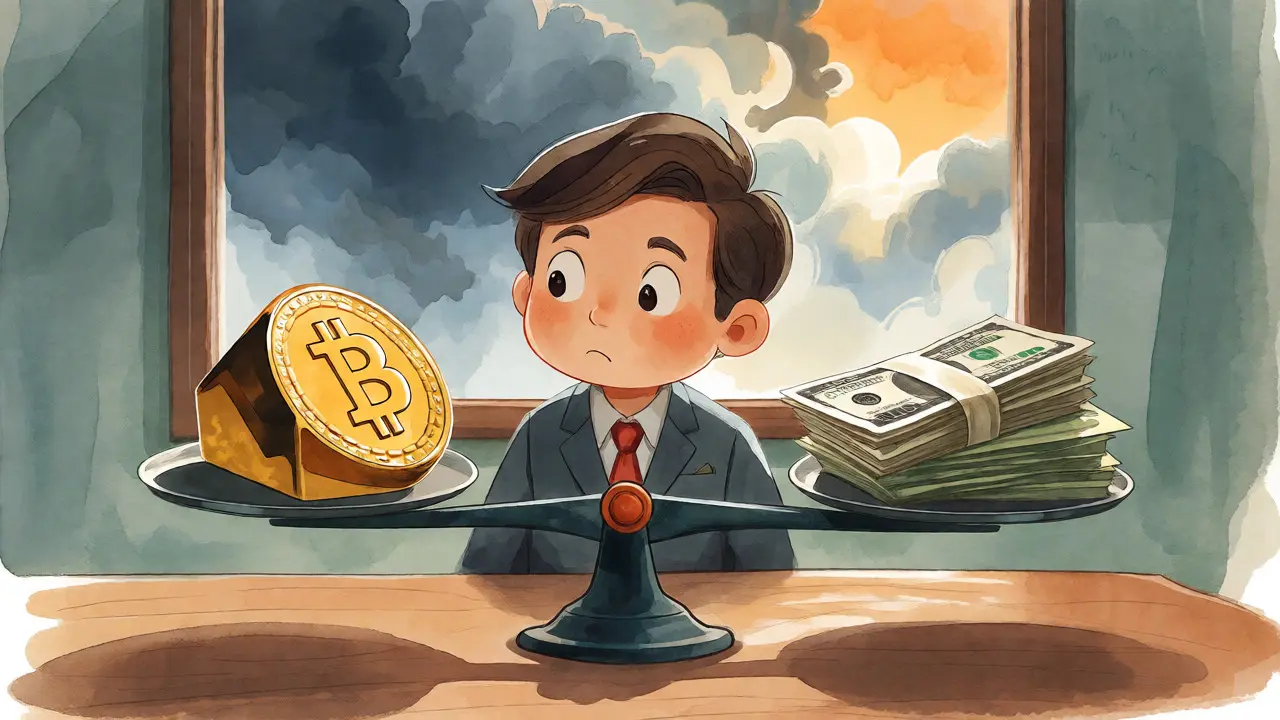 An executive weighs Bitcoin against cash on a scale near a stormy window.